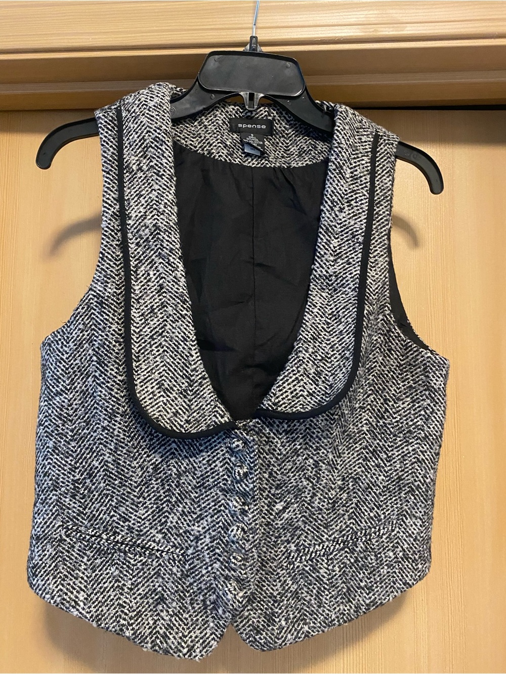 Spense Black & White Tweed Sleeveless Vest with Piped Trim